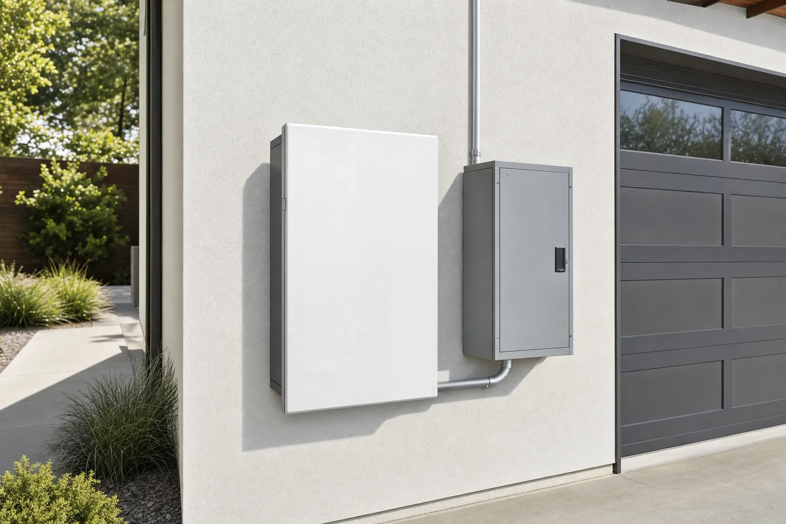 Home solar battery storage unit mounted on a garage wall