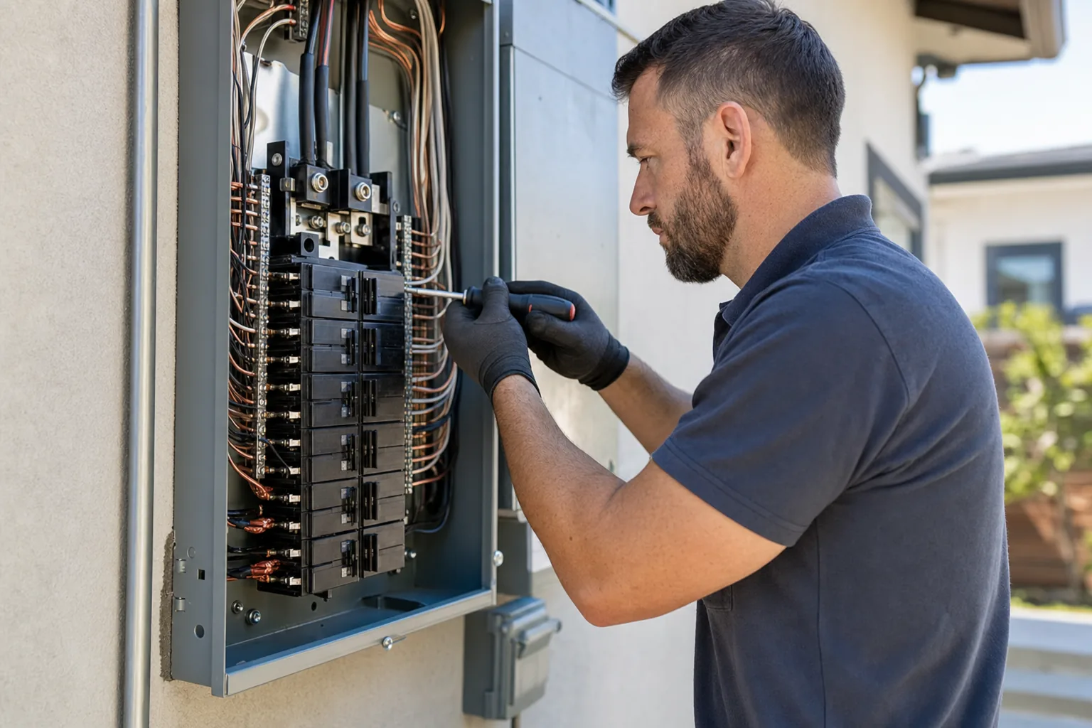 Electrician upgrading a residential main electrical service panel to 200-amp for solar and EV charging