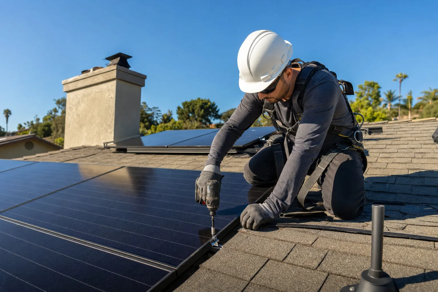 Green Conception technician installing solar panels on a residential roof