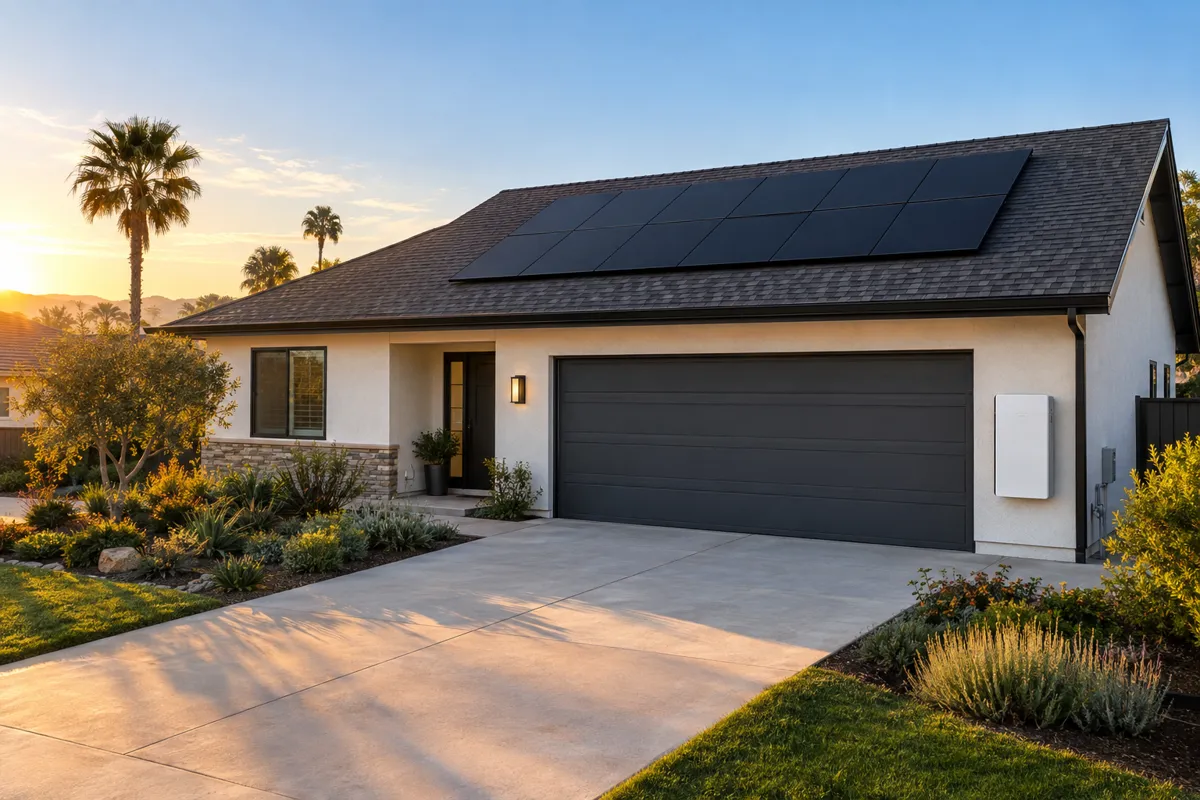 Home with new roof, black solar panels and a wall-mounted home battery